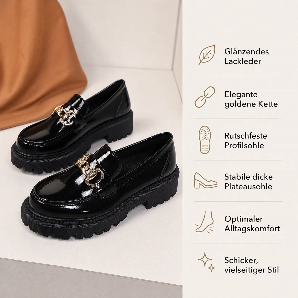 Schwarzer Plateau-Loafer mit goldener Kette für Damen in Schwarz lackiert, Ansicht 7