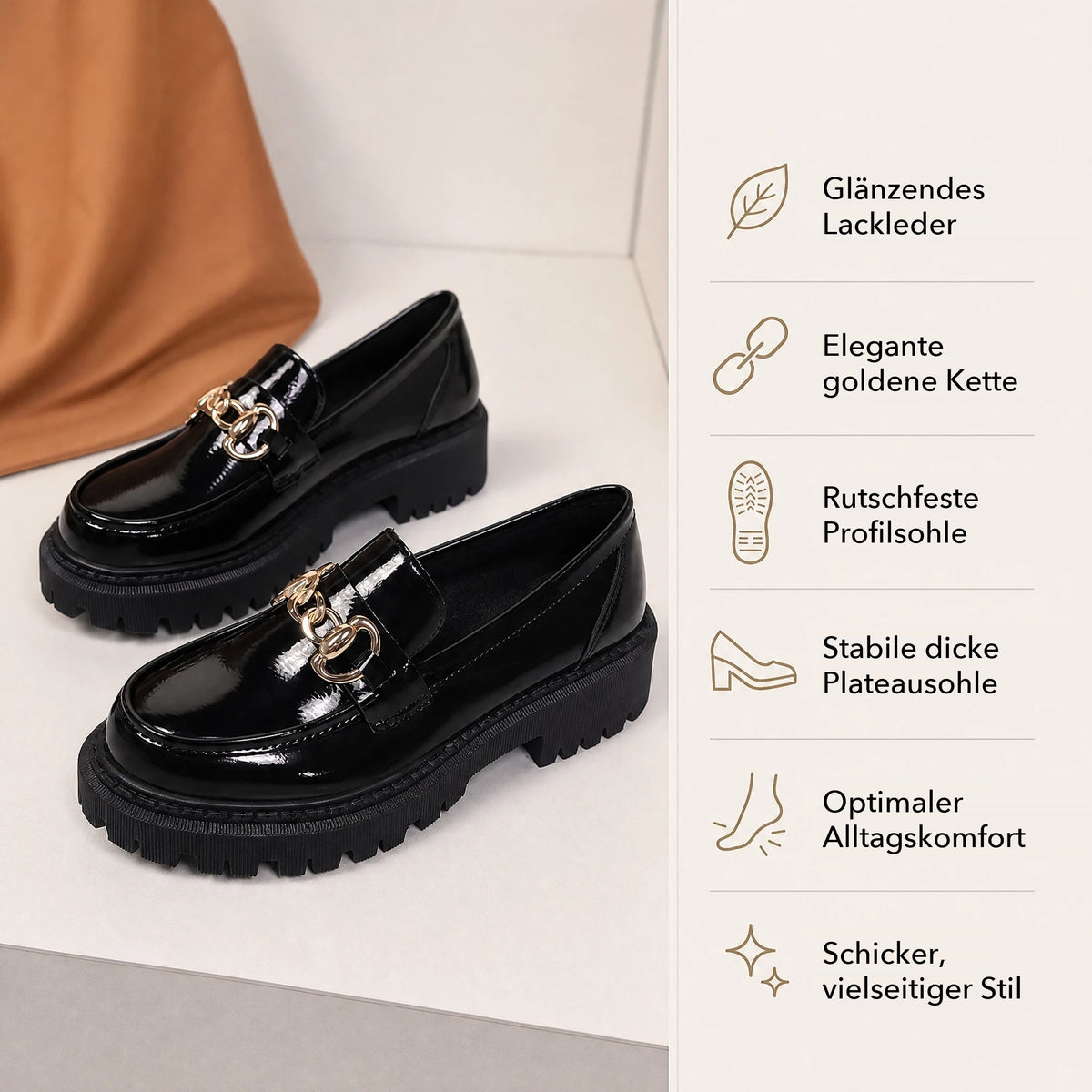 Schwarzer Plateau-Loafer mit goldener Kette für Damen in Schwarz lackiert, Ansicht 7
