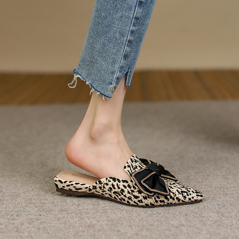 Spitze Mules Mokassins mit Schleife und Leopardenmuster