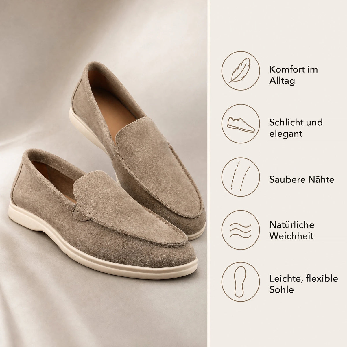 Weiche Herren Loafer aus Veloursleder mit heller Sohle in Taupe, Ansicht 5