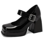 Mocassin mary janes vernis avec un gros talon carré et semelle épaisse