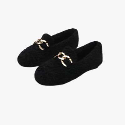 Mocassins souples d'hiver en bouclette et fourrure pour femmes noirs surfond gris très clair